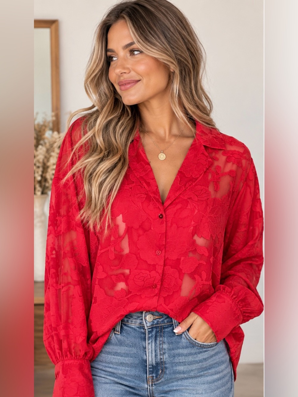 HYFVE Red Floral Sheer Button Down Blouse NWT